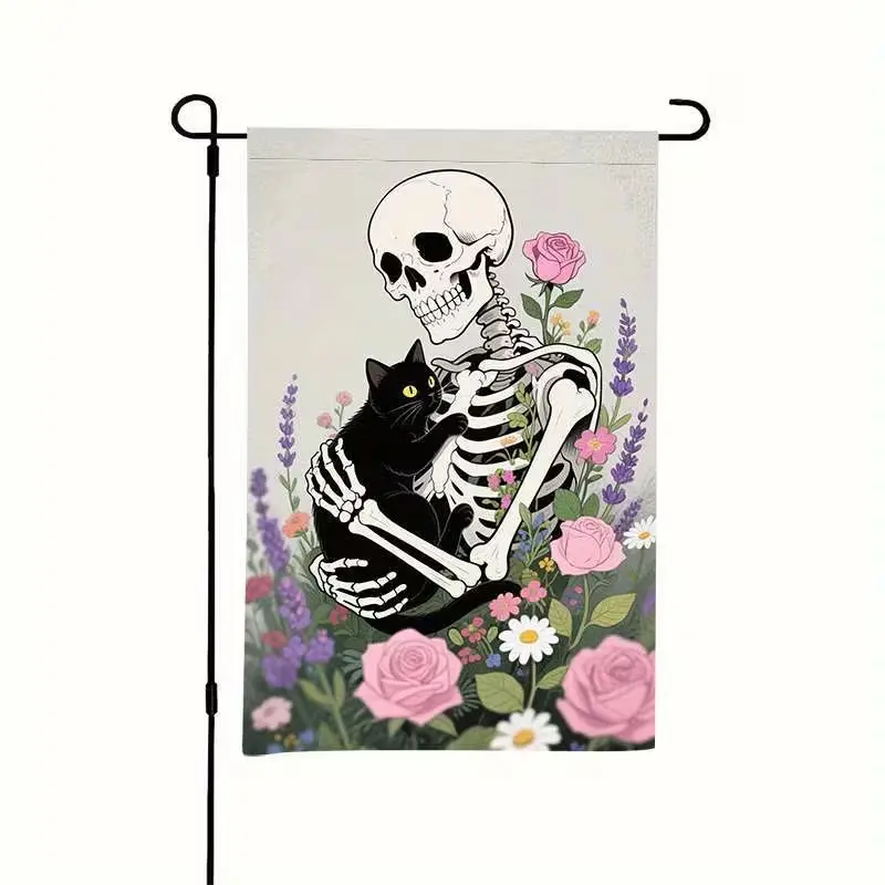 Skeleton-Hugging Black Cat Floral Garden Flag - Pink Rose Lavender Wildflower Gothic Small House Flag for Halloween Fall Front Porch Lawn Outdoor Decor, Flagpole Not Included, Yard Decor, Backyard Decor