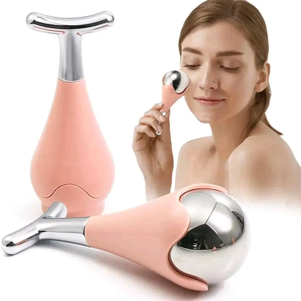 2 in 1 Cooling Stainless Steel Cosmetic Face Roller Massager - Dual-Ended Handheld Device, Pink V-Shape Face Sculptor for Puffy Eyes, Skin Tightening, Wrinkles, Hydrating Benefits for All Skin Types