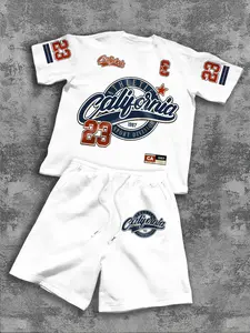 Men's Casual Breathable Letter Print Round Neck Short Sleeve Top & Drawstring Shorts Set, Loose Fit Summer Wear, Ideal for Office, Travel, Outdoor Activities