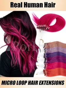 Colored Pink Micro Loop Human Hair Extensions Micro Loop Fishing Line Hair Extensions Green Purple Blue Micro Bead Straight Human Hair Extensions 50Strands/Pack Microloop Human Hair