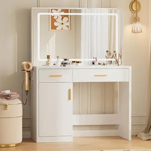 Mirror and Lights,Makeup Vanity Table with Charging Station,2 Drawers & Large Cabinet,3 Lighting Color Adjustable,Dressing Table,Big Storage, Less Clutte,high-quality MDF,35.4 inch mirror comes with a built-in LED strip,Big Storage, Less Clutter