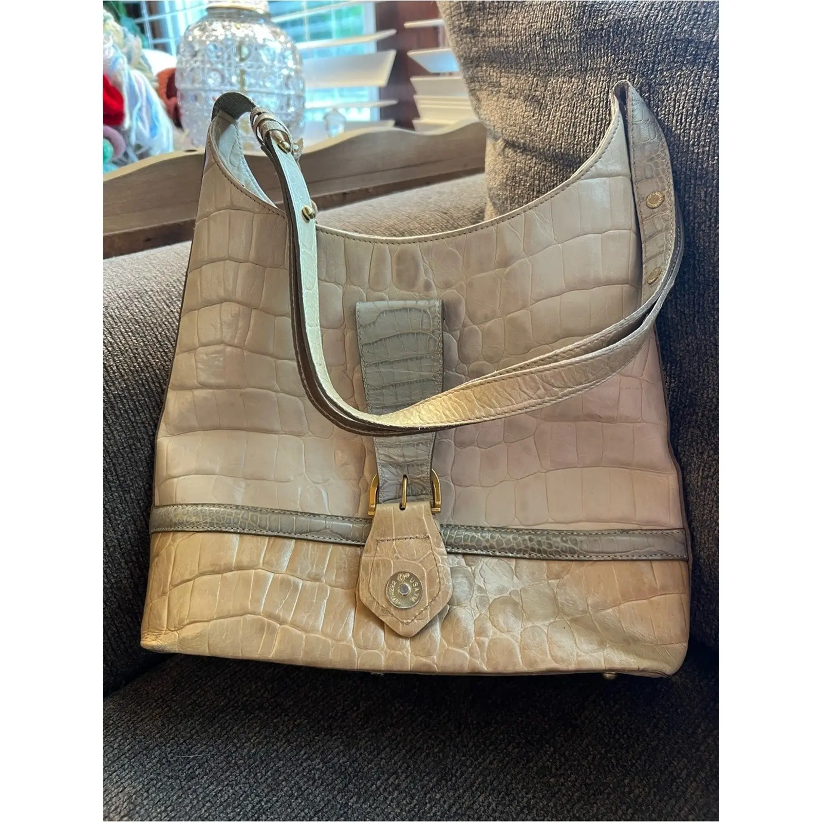 Brahmin Kendall Leather Shoulder Bag - Croc, tricolor beige, natural.