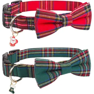 Plaid Christmas Dog Collar with Removable Adjustable Bowtie for Large Dogs  PTDECOR