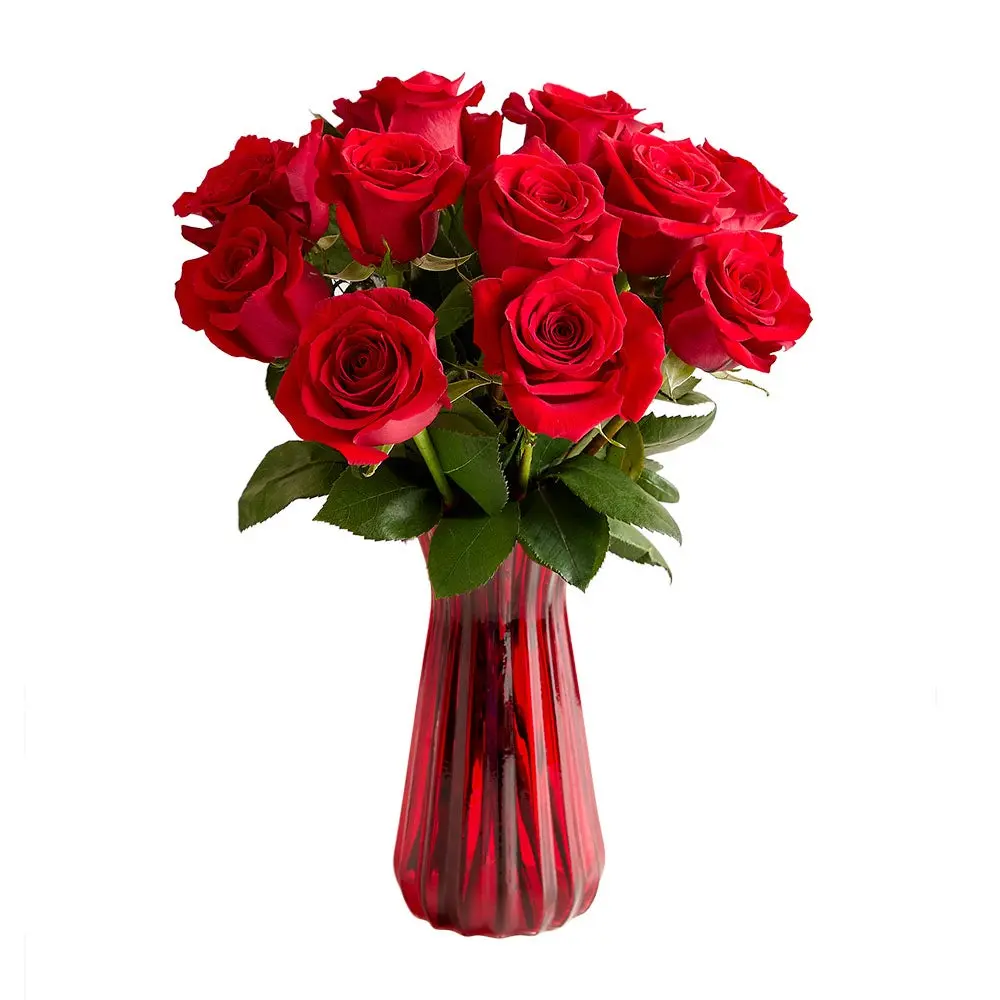 1800 Flowers - 12 Stem Red Roses Bouquet with Red Vase, Fresh Flowers 1800 Flowers - 12 Stem Red Roses Bouquet with Red Vase, Fresh Flowers