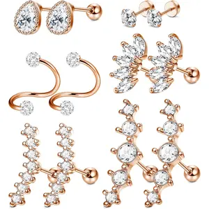 FINREZIO 6 Pairs Rose Golden Elegant Piercing Jewelry Set for Women Men Gentle Hypoallergenic Stainless Steel Ear Studs Cartilage Earrings Classic Tragus Conch Helix Piercing Jewelry Set
