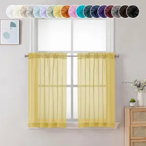 Chyhomenyc Mustard Yellow Short Sheer Curtains 24 Inch Length, Light Filtering Half Window Curtians for Kitchen, Elegant Small Curtain for Basement Bathroom Cabinet, 42Wx24L Inches, 2 Panels