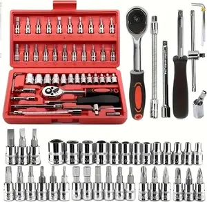 46-piece Auto Repair Combination Ratchet Wrench Toolbox, Auto Maintenance Vehicle-mounted Socket Repair Set Tools Car Repair Kit(Red-46PCS-A)