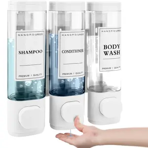 LMMAKE Wall Mounted Shower Soap Dispenser 3 Chambers 300ml Each No Drill Shampoo Conditioner Dispenser for Bathroom Hotel with Lockable Design and Transparent Body