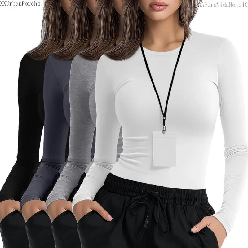 4 Pack Women's Underscrub Shirts Long Sleeve Nurse Cotton Blend Crewneck Slim Fit Tops Soft Stretchy Basic TeeAAPuraVidaHome40XXUrbanPorch4H1HomeFixMart