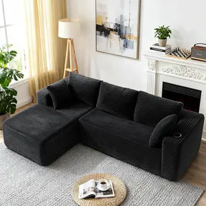 Black Sectional Couches for Living Room, Boneless Couch with L-Shape Chaise, Modular Sofa in Box with Deep Seat, No Assembly Required Corduroy Fabric Sofa