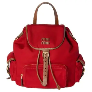 MIU MIU Women's Cotton Backpack with Gold Hardware in Red and Brandy Color