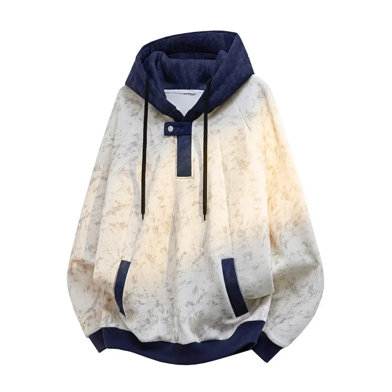 Men's Retro Contrast-Shoulder Long-Sleeve Fitted Pullover Hoodie Sweatshirt - Soft, Comfortable Tops with Patchwork, Tie Dye Details for Daily Street Style, School Use; Thanksgiving Wardrobe Essential, Casual, Casual Streetwear Hoodie, Color Contrast Hood