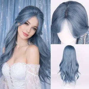 Glueless Synthetic Lace Front Wig Heat-Resistant Denim Blue Hair Long Wavy Styles Middle Part For Everyday Wear