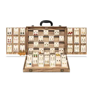 Emfogo Portable Wooden Earring Display Case for Selling, Large Jewelry Display Organizer with Lock for Earrings Bracelets Necklaces, Rustic Brown