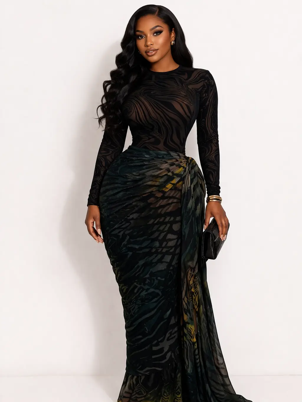Elegant Jacquard Dress with Long Sleeves and Keyhole Neckline for Women