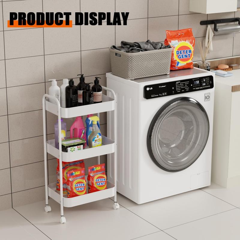 3-Tier Rolling Metal Utility Cart with 6 Hooks and Handle, Storage Cart on Wheels for Classroom, Office, Dorm, and Home – White/Pink