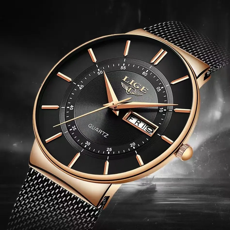 LIGE Men's Minimalistic Modern Quartz Watch - Fashion Casual Dress Watch, Ultra-Light Thin Design, Stainless Steel Mesh Strap, With Calendar, Modern Watches