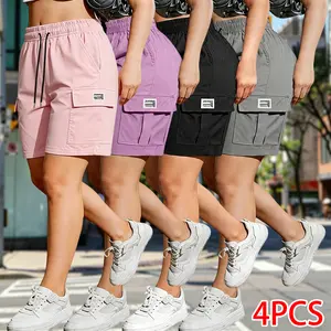 Pack of 4 women’s outdoor cargo shorts—breathable, quick-drying, multi-pocket design, solid color, drawstring elastic waistband; suitable for outdoor sports and casual wear; summer shorts, women’s shorts.