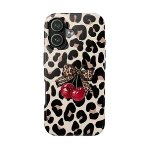 Retro Leopard & Cherry Bow iPhone Case - Trendy Coquette Aesthetic Phone Cover