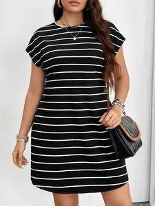 Women's Plus Size Summer Dress, Short Sleeve Round Neck Striped Print Elastic Comfortable Casual Elegant Dress, Spring & Summer Fashion