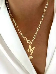 Women's Elegant Stainless Steel Paper Clip Chain Necklace, Spring Clasp Flower Initial Pendant Chain, All-Season Jewelry Accessory