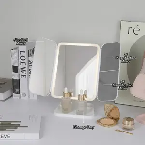 Rechargeable Makeup Mirror with 65 LED Lights, Trifold Vanity Mirror with 2X/3X/1X Magnification, 3 Color Light Modes, Touch Dimmable Foldable Travel Cosmetic Mirror