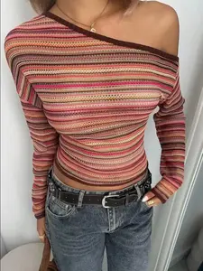 Dopamine Striped Colorblock Hollow Out Knit Top, Spring Summer New Asymmetrical Long Sleeve T-Shirt, Versatile Knitted Sweater