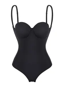 Women's Solid Backless Hook Eye Design Shapewear Bodysuit, Adjustable Strap Hollow Out Padded Bodysuit, Smooth High Stretch Tummy Control Shaper for Daily Wear