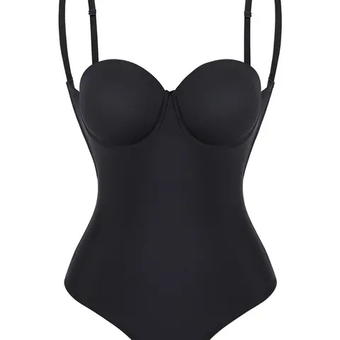 Women's Solid Backless Spaghetti Strap Hook Eye Design Shapewear Bodysuit, Adjustable Strap Hollow Out Padded Bodysuit, Smooth High Stretch Fit Tummy Control Shaper for Daily Wear Underwear Womenswear Shaper Clothes