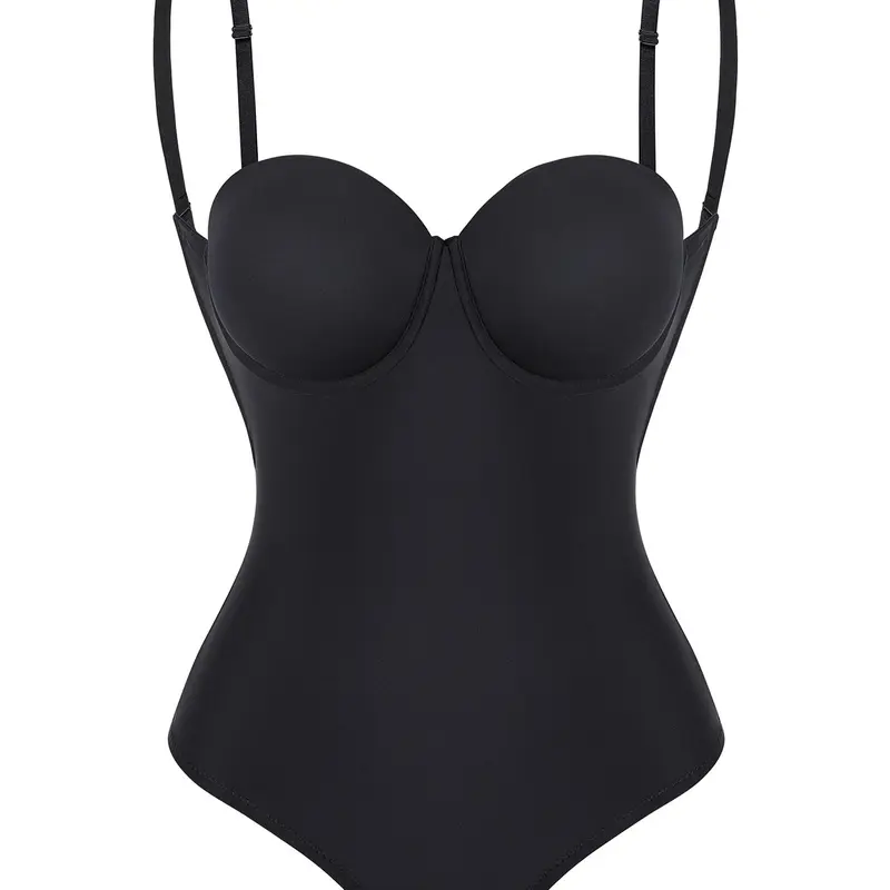 Women's Solid Backless Spaghetti Strap Hook Eye Design Shapewear Bodysuit, Adjustable Strap Hollow Out Padded Bodysuit, Smooth High Stretch Fit Tummy Control Shaper for Daily Wear Underwear Womenswear Shaper Clothes