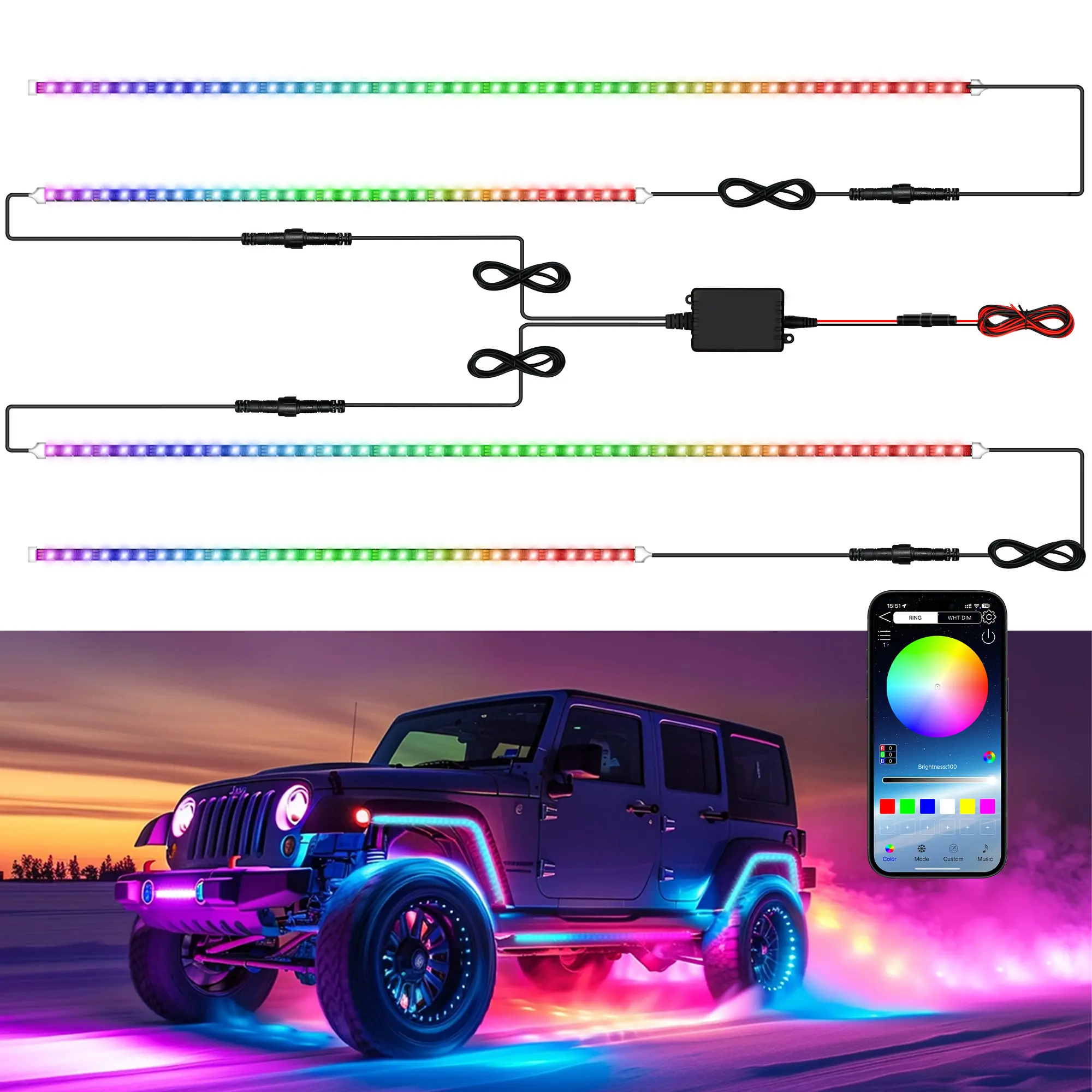 4WDKING Underglow LED Lights for Cars 252 LEDs RGBI Neon Accent Strip Lights with 16 Million Colors DIY & Music Mode Underbody Exterior Lights Kit for RV SUV Truck Boat 12V Led Dashboard Led Backlights  Led Side Light, Led Car Ambient Light,