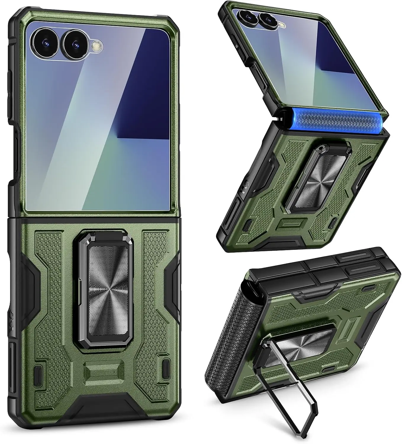 AnyMoon Tempered Glass Screen Guard Case for Samsung Galaxy Z Flip 8 (2026) - Built-in Stand, Military-Grade Shockproof Hinge Protection, Anti-Scratch, Anti-Drop, Green