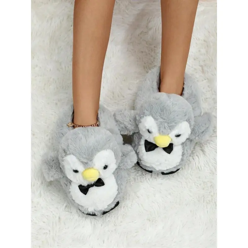 Cute Cartoon Penguin Design Plush Slippers, Casual Soft Comfortable Home Slippers for Fall & Winter, Fluffy Fall & Winter House Shoes for Indoor and Outdoor