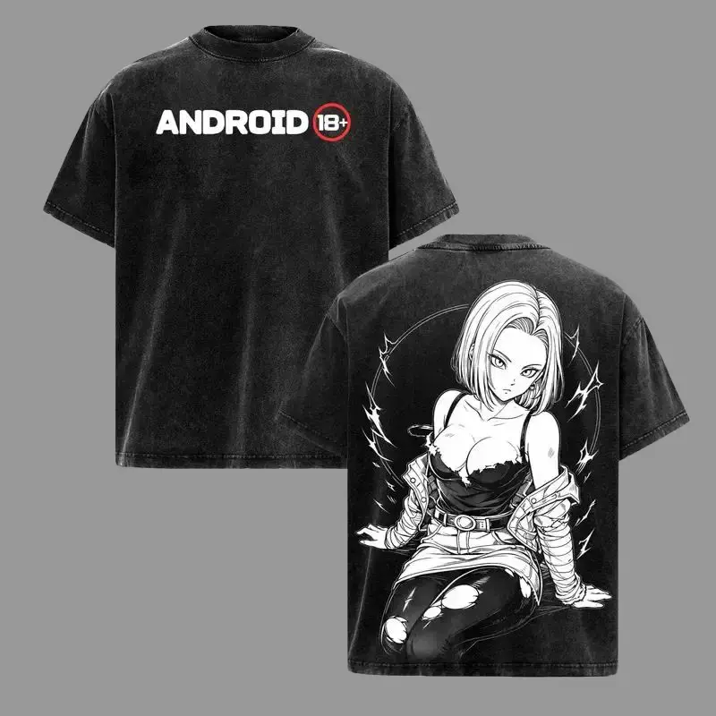 Men's Android 18 DBZ Prints Casual T-Shirt - Menswear Top, Pre-Washed Premium Cotton, Relaxed Fit Short-Sleeve, Retro Streetwear Round Neck, Available in 2XL