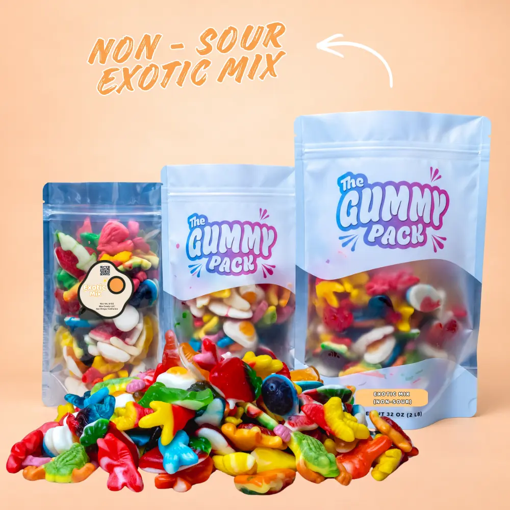 Exotic Variety Gummy Mix | 3 Sizes | Gummy Dinosaurs, Pizzas, Fried Eggs, Swirly Fish | Fun Shapes with Bold Exotic Flavors | Chewy, Soft, & Juicy | Candy Snack | Top Gift Idea