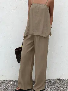 Two piece set of women's French lazy style casual two-piece set, solid color loose suspender hanging feeling wide leg pants, fashionable slimming and versatile two-piece set, suitable for summer, suitable for vacation, indoor and outdoor wear, Minimalist