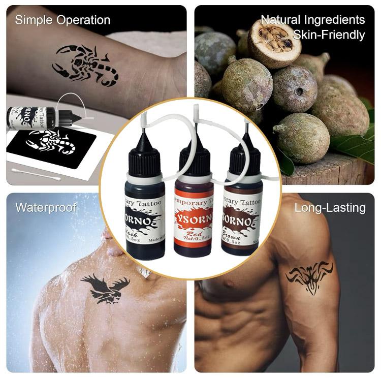 Temporary Tattoo Kit 3 Bottles ColorInks ,Stencils Kit for BodyPaint DlY Fake Tattoos for (black/red/ brown/)Makeup Cosmetic Storage