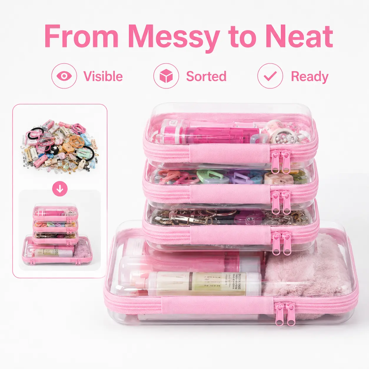 4-Pack Clear Hard-Shell Storage Organizer Box Set, 3 Small + 1 Large Thick PVC Zipper Cases with High Transparency for Makeup, Jewelry