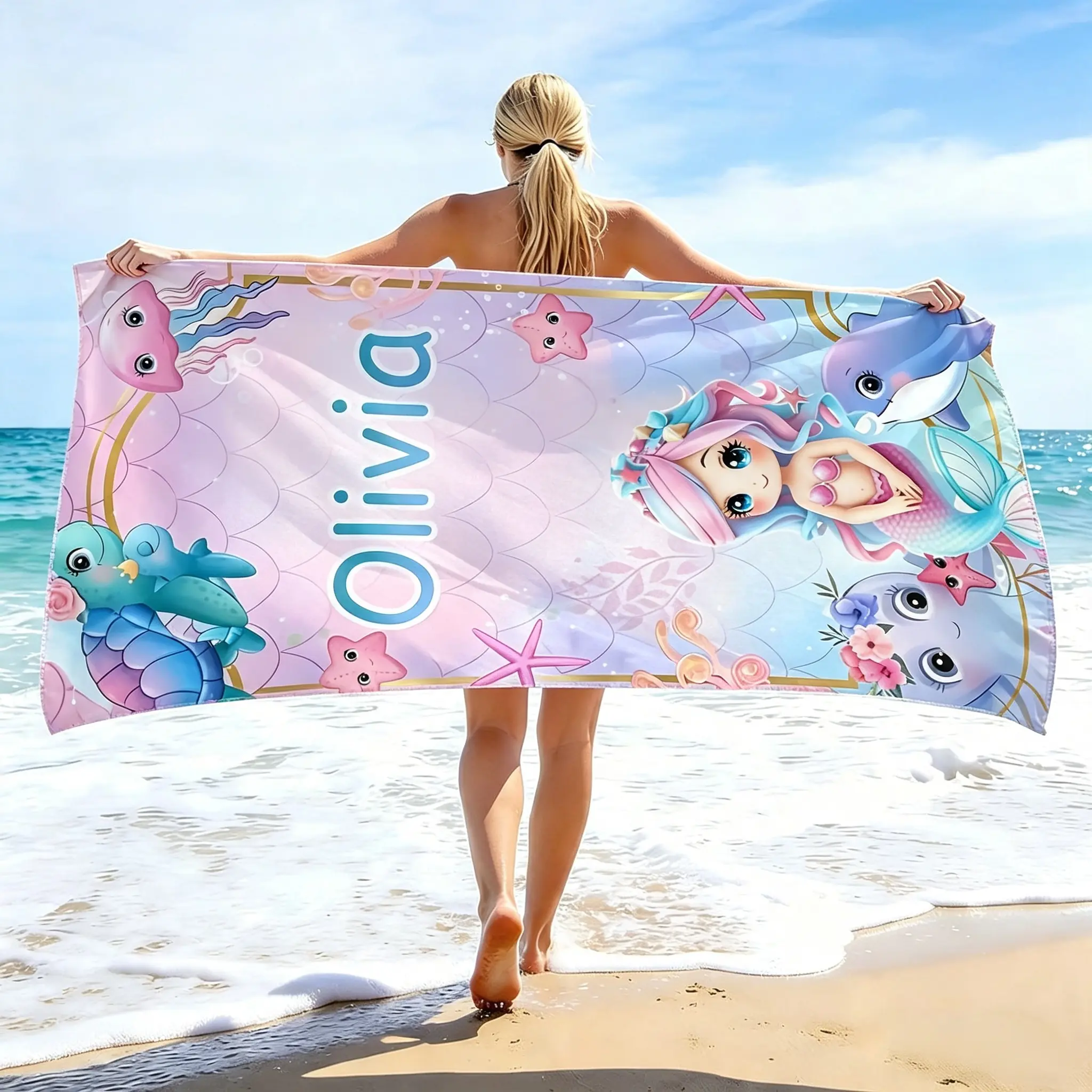 Custom Name Thick Mermaid Bath Towel - Ultra-Fine Fiber, Sand-Free, Absorbent, Contemporary, Large Portable - Pool/Beach/Bath Use - Ideal Gift Idea for Mother's Day, Birthday blanket
