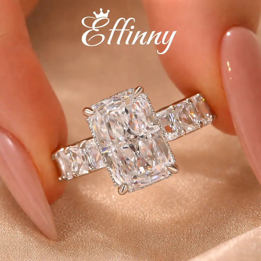 Effinny 4.5ct Radiant Cut Artificial Gemstone Engagement Ring - Affordable Luxury Full Eternity Band, Elongated Women's Fashion Wedding Ring