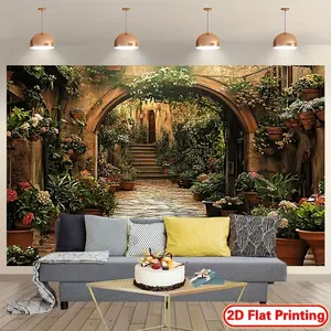 Italian Cobblestone Street Backdrop European Town Theme Tapestry Wall Hanging Photography Background for Cafe Decor Wedding Party Garden Event Home Decoration