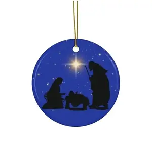 White Ceramic Nativity Scene Ornaments - Circle, Star, Heart and Oval Shapes - Full-Color Printing