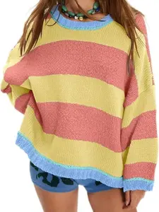 Women's Fall Long Sleeve Striped Color Block Chunky Knit Crew Neck Oversized Loose Pullover Sweater Breathable Soft Cozy Fabric - Womenswear