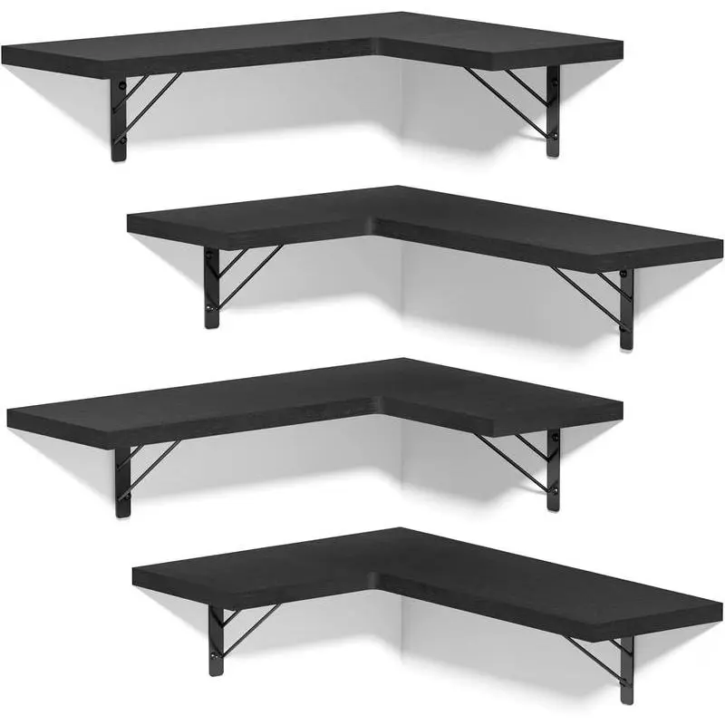 Set of 4 Corner Shelves Wall Mounted for Storage, Rustic Wood Hanging Shelves for Display, Bathroom Kitchen Bedroom Living Room, Black - Decor, Wooden