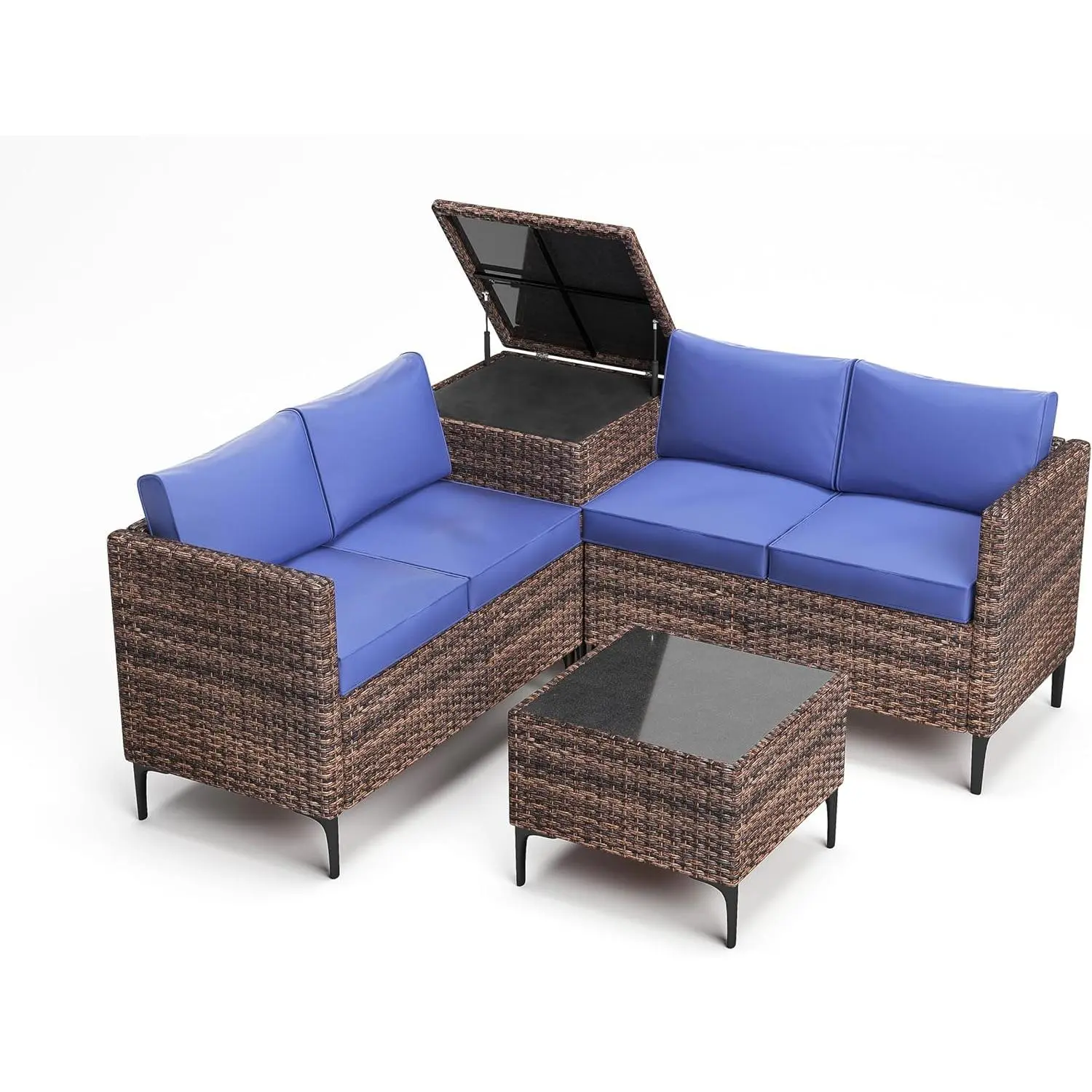 4-Piece All-Weather PE Rattan Patio Sectional Furniture Set with Loveseat Sofa, Coffee Table with Storage-Ideal for Backyard, Poolside, and Porch Conversation（Blue+Brown ）