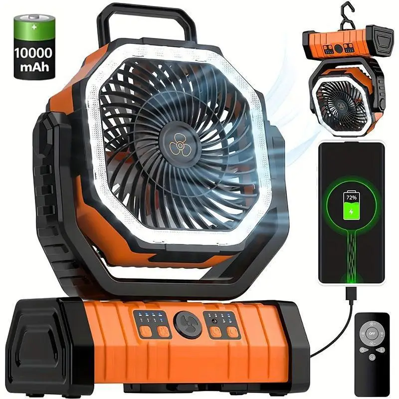 Portable 10000mAh Camping Fan with LED Light, High Brightness Tent Light with Remote Control & Timing Function, 4 Wind Speeds Fan for Outdoor Hiking F