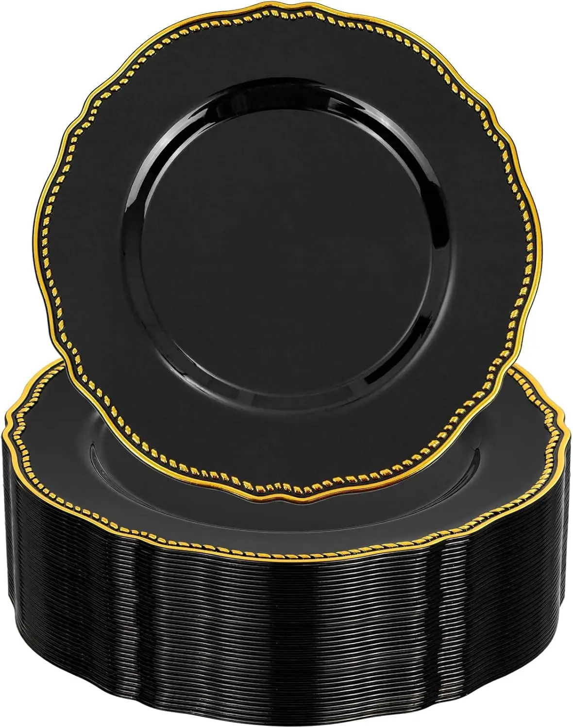 60Pcs Black Gold Rim Disposable Dessert Plates, 7.5 Inch Heavy Duty Plastic Party Plates for Halloween Birthday Holiday Decor
