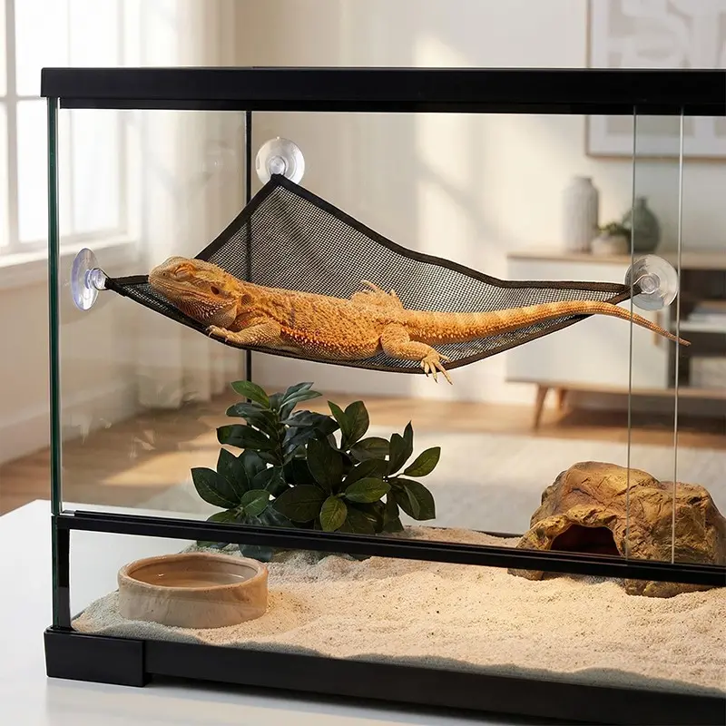 Reptile Hammock, Triangular Lizard Hammock, Breathable Mesh Climbing Swing with Strong Suction Cups, Terrarium Accessory, Ideal for Bearded Dragons, Geckos, Snakes, Chameleons, Hermit Crabs