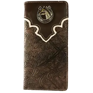 Men's Western Bifold Wallet Checkbook Cover Ostrich Print Brown Leather