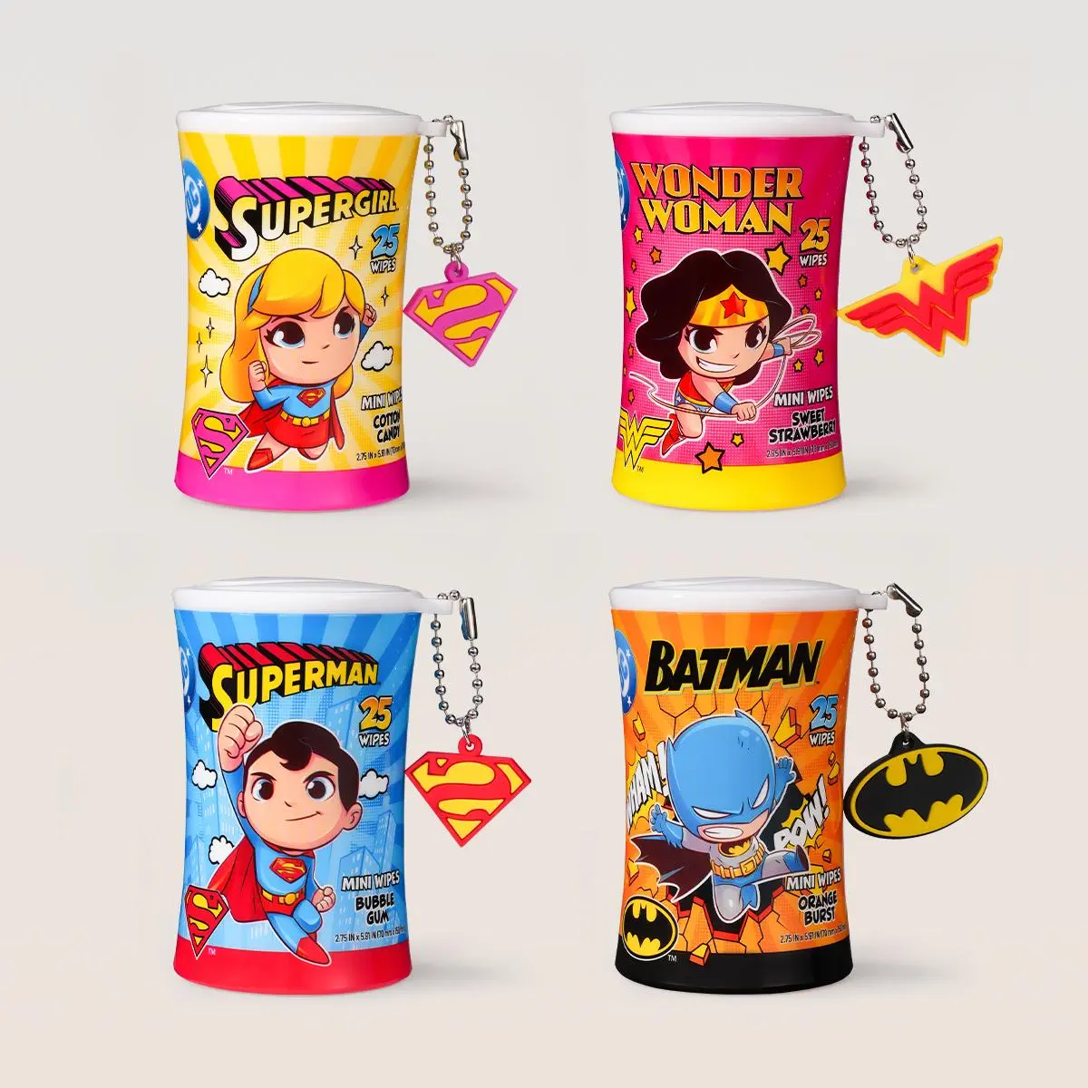 Superhero Portable Wet Wipes with Keychain | 4-Scent Variety Pack | Travel Mini Wipes Travel Size Kids Hand Wipes - Sweet & Fruity 4-Pack (Total 100ct ), 25 Sheets/Pack, Everyday Use